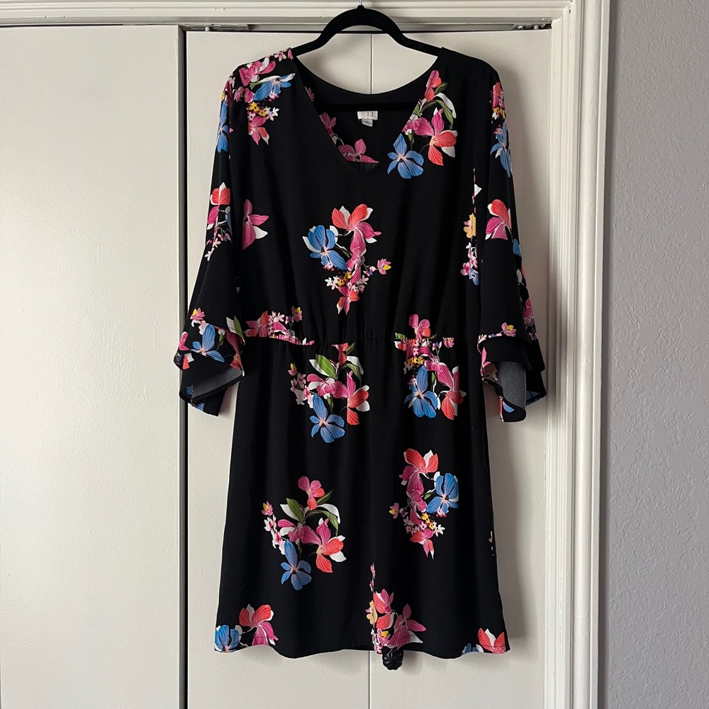 A New‎ Day Floral Print Dress V-Neck 3/4 Sleeve Black Casual Size L